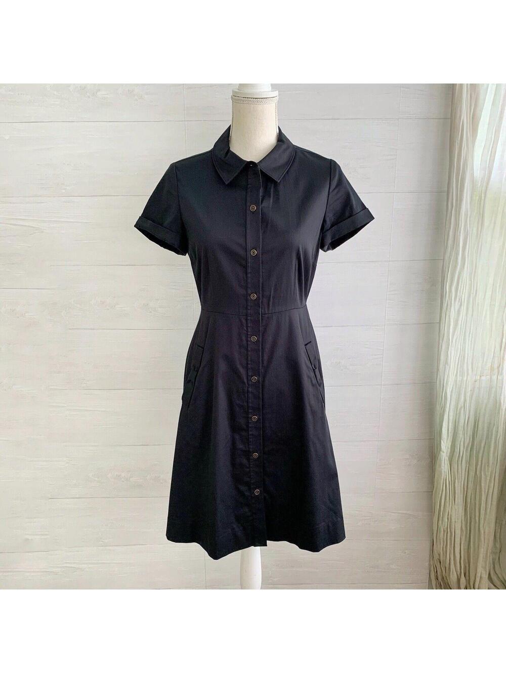 Kate Spade Black Button Front Fit Flare Shirt Dress Bow Pockets Size 4